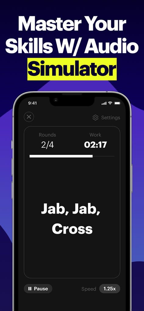 BXNG: Home Boxing Workouts App - Una pantalla móvil que muestra el simulador de audio de la aplicación BXNG con combinaciones de golpes y temporizador de entrenamiento