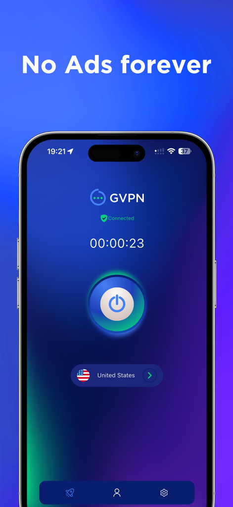 Interfaz de la aplicación móvil GVPN mostrando una sesión segura conectada con el titular Sin Anuncios para siempre