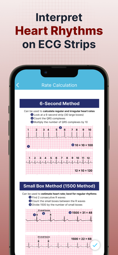ECG EKG Interpretation Mastery - ECG interpretation guide showing heart rate calculation methods on EKG strips