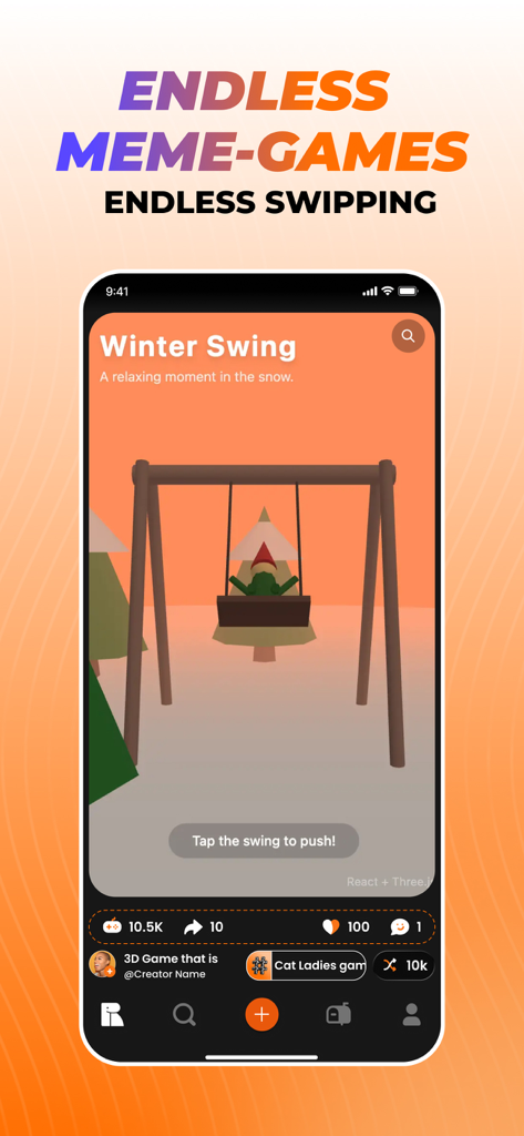 A screenshot of the Rezona app showing a 3D mini-game named Winter Swing within an endless swipe feed.