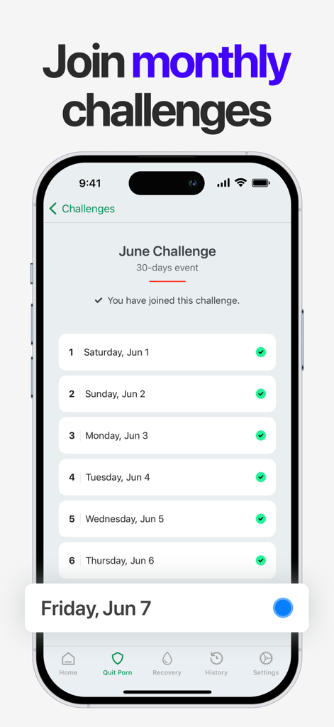 No Nut: Quit Porn Addiction - Monthly challenges screen in the No Nut app showing a thirty day recovery event with daily checkmarks