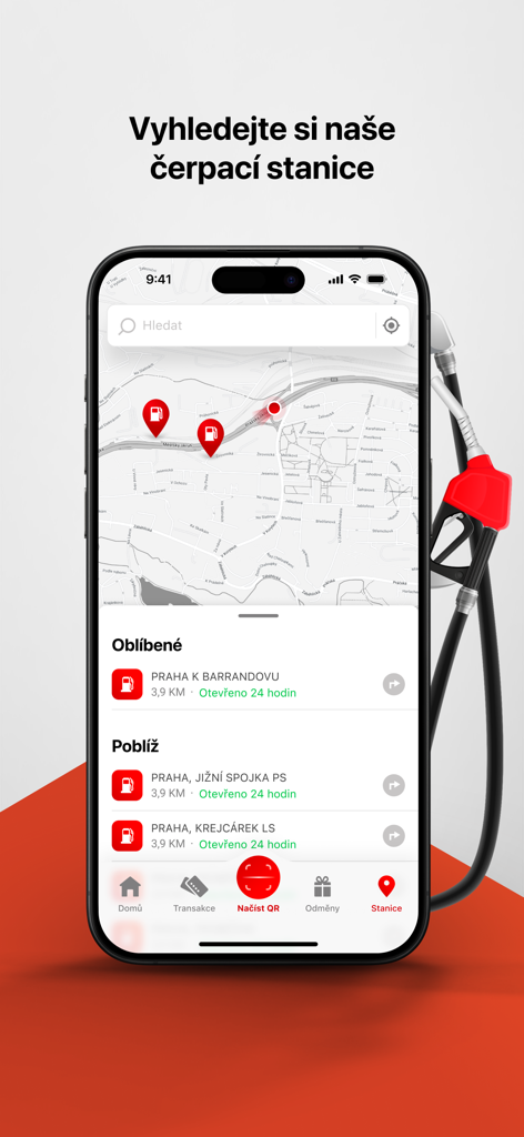 ORLEN mobile app interface displaying a map with gas station locations and a list of nearby stations in Prague