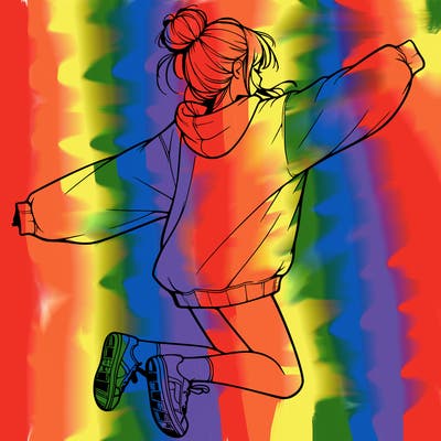 realistic girl jumping with a bun and oversized sweatshirt