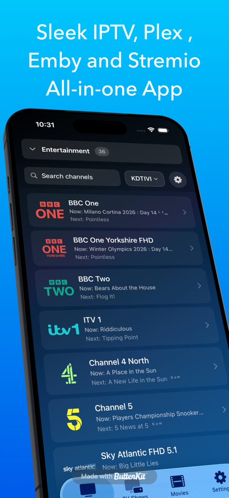 KDTIVI - IPTV, Plex & Stremio - KDTIVI app interface on iPhone showing a list of entertainment channels