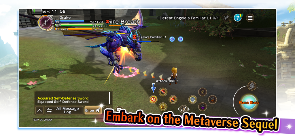Gensokishi Online - MMORPG - A character named Drake battling a purple dragon called Engela's Familiar in Gensokishi Online MMORPG gameplay.