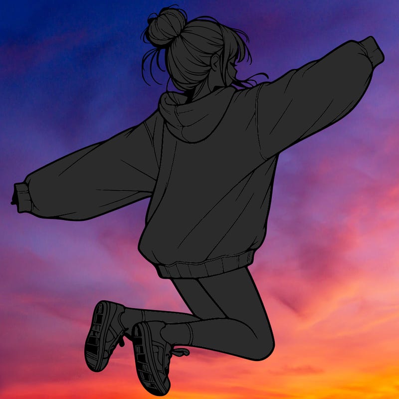 realistic girl jumping with a bun and oversized sweatshirt