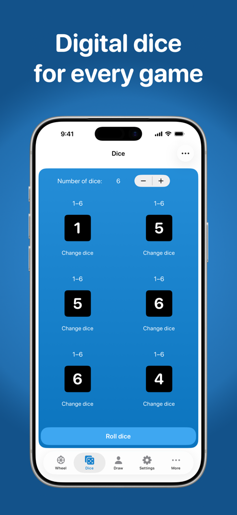 Random Generator Premium app interface showing six digital dice rolled on a blue background.