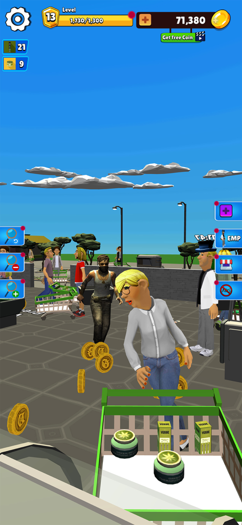 Weed Farm: Drug Dealer Games - Gameplay-Screenshot, der eine Figur in einem Laden mit Cannabisprodukten und fallenden Goldmünzen zeigt