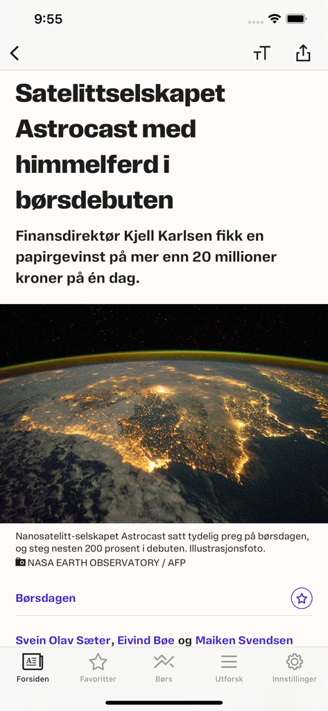 E24 - nyheter om økonomi - Écran d'application mobile montrant un article d'actualités économiques d'E24 sur le début de la cotation d'une société de satellites