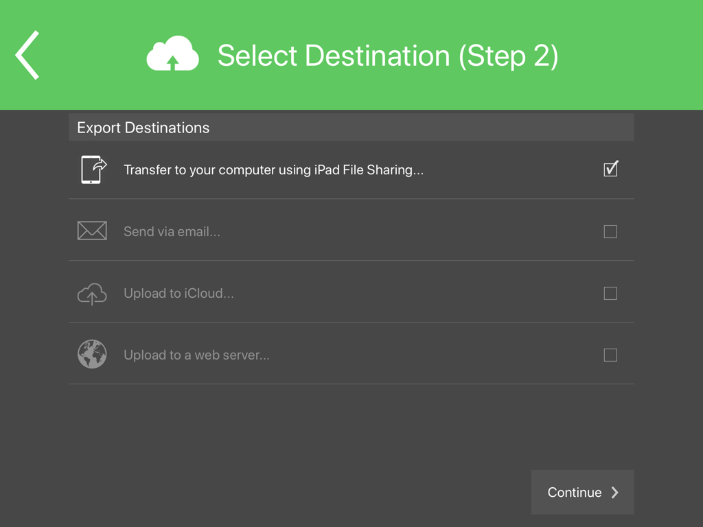 Screenshot dell'app NIH Toolbox che mostra le opzioni di destinazione per l'esportazione dei dati, inclusi Condivisione file iPad, e-mail, iCloud e server web
