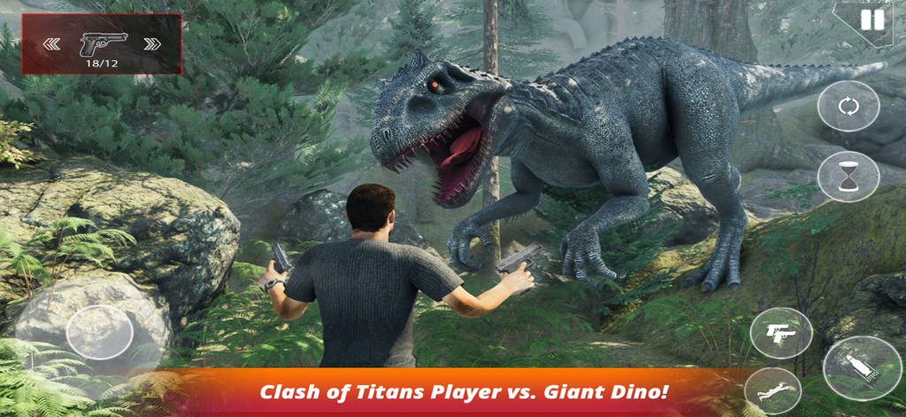 Dinosaur Hunting Jurassic Zone - A player character facing a giant grey dinosaur in a forest with handguns.