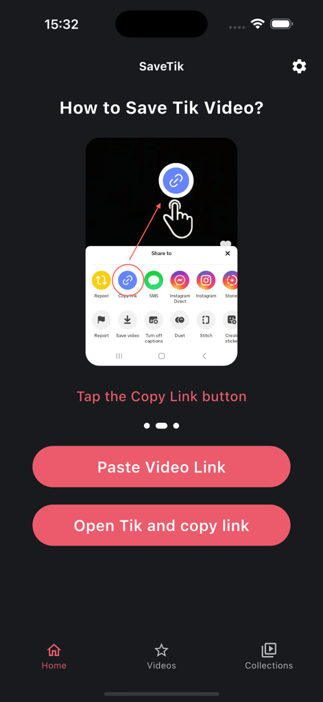 SaveTik app interface showing step by step instructions on how to copy a video link from TikTok to download HD content.