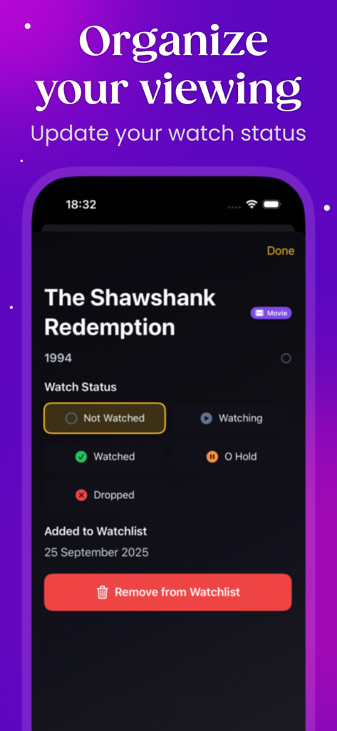 PipeCalc AI: Movie & TV Picks - Oberfläche zur Aktualisierung des Film-Watched-Status in der PipeCalc AI App mit Optionen wie 'Angeschaut', 'Läuft' und 'Abgebrochen'