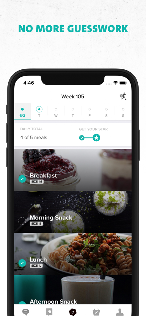 Interface de l'application Freeletics Nutrition montrant un plan de repas quotidien personnalisé avec des portions pour le petit-déjeuner et le déjeuner.