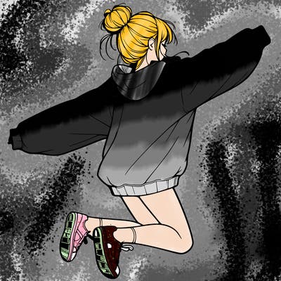 realistic girl jumping with a bun and oversized sweatshirt