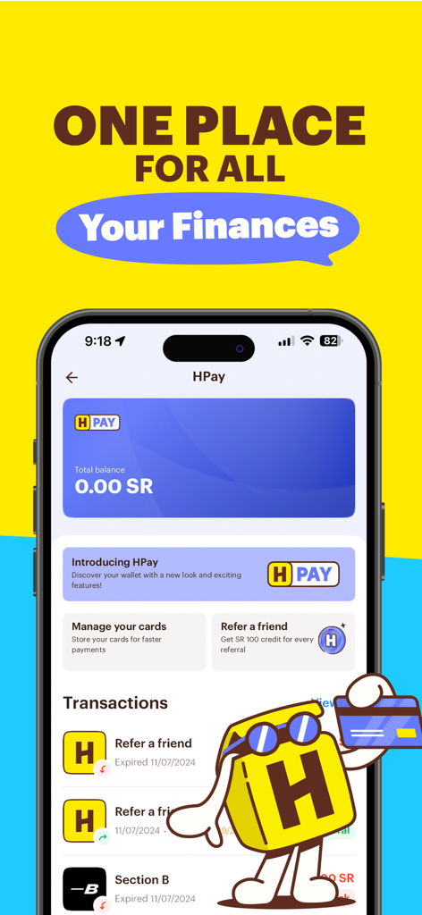 HungerStation - Food Delivery - HungerStation HPay-Bildschirm für digitale Geldbörsen mit Guthaben und Zahlungsoptionen.