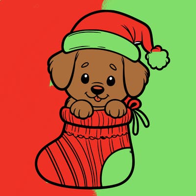 cute puppy wearing santa hat in socking