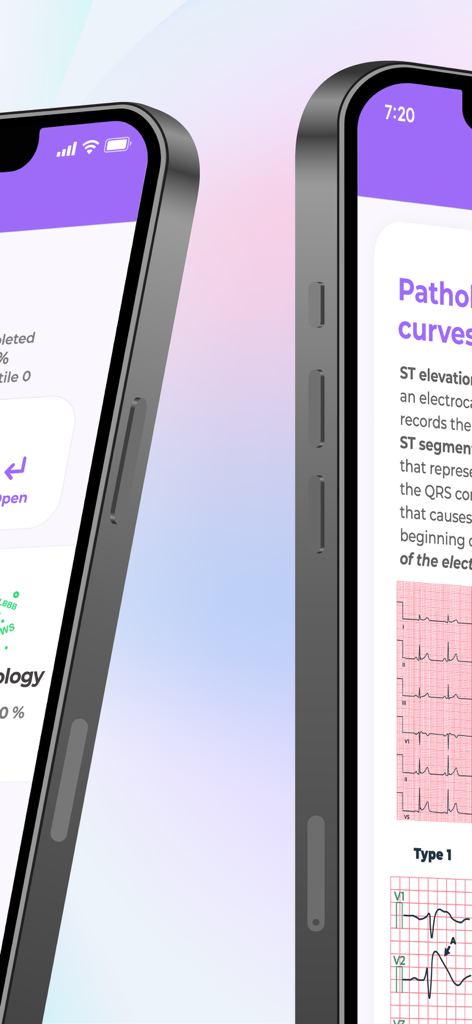 InVivo: ECG (EKG) Course - InVivo ECG course app interface showing EKG diagrams and pathological curves on two smartphone screens