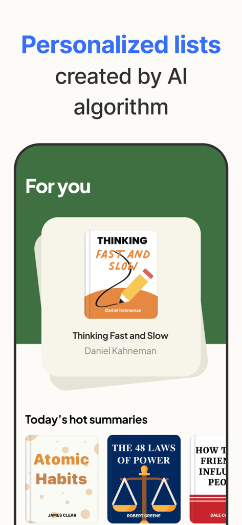 Mobile app screen showing personalized book summary lists created by an AI algorithm featuring titles like Thinking Fast and Slow and Atomic Habits