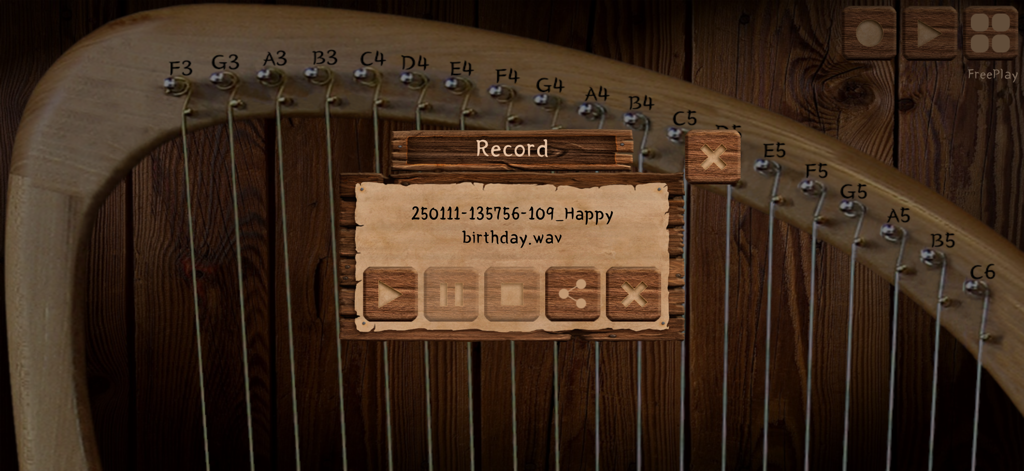 Lyre Harp Real - Interface of the Lyre Harp Real app showing a recording menu over a 19-string digital lyre