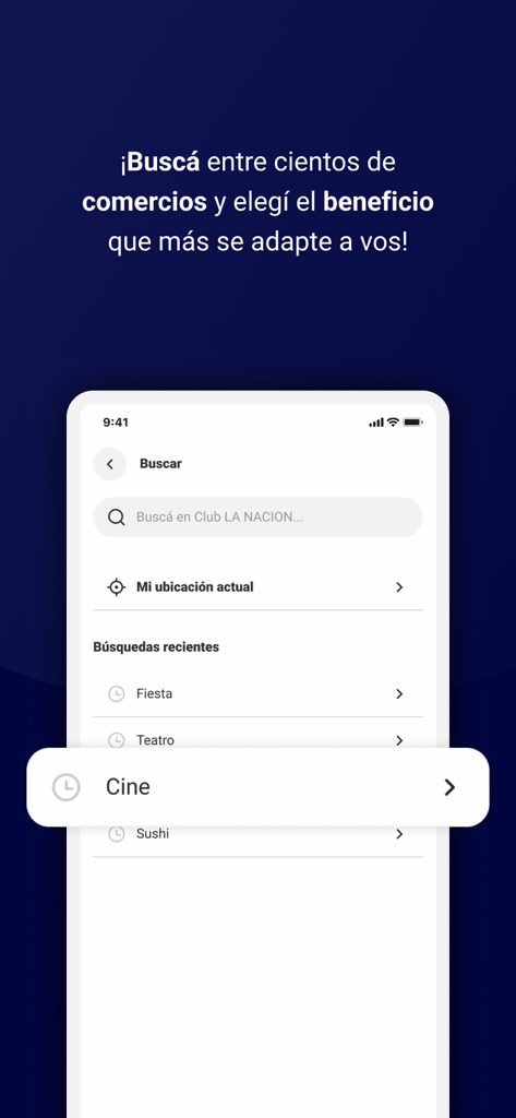 Club LA NACION - Pantalla de búsqueda de la app Club LA NACION mostrando búsquedas recientes de descuentos y beneficios locales en categorías como cine y teatro.