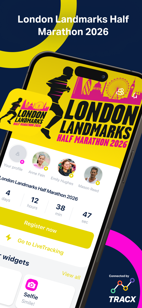 London Landmarks Half Marathon - London Landmarks Half Marathon 2026 mobile app interface showing participant tracking and race countdown