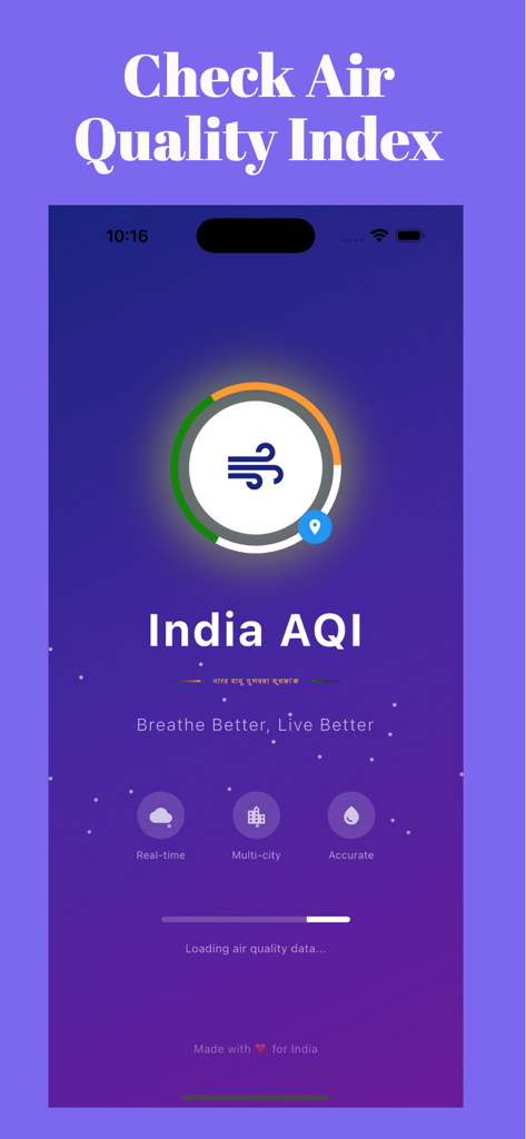 India AQI - Air Quality Index - The loading screen of the India AQI mobile app showcasing its main features like real-time and multi-city tracking