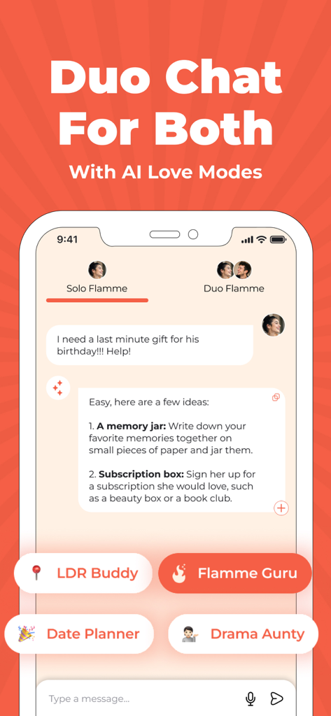 Flamme: Cozy Couples App - Interface of the Flamme app showing the Duo Chat feature with different AI relationship coach modes