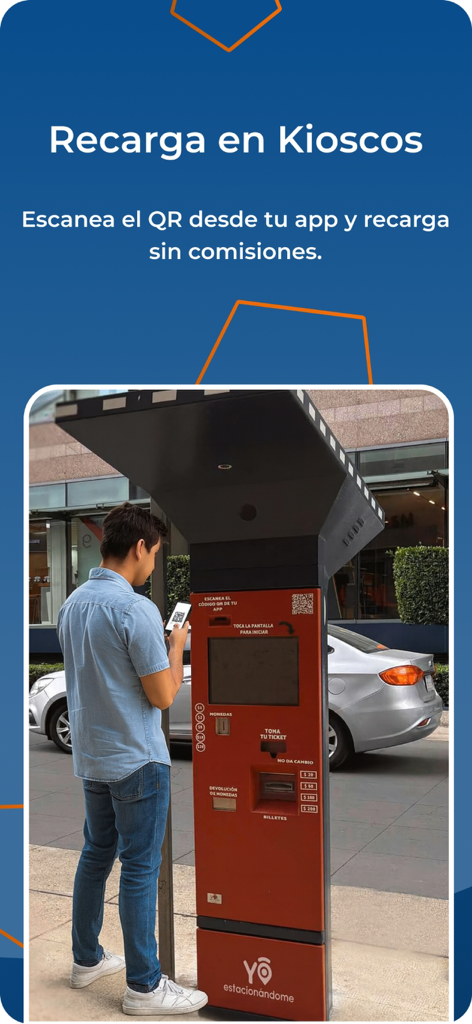 Yo! Estacionandome - A man scanning a QR code on a parking kiosk to recharge his app balance