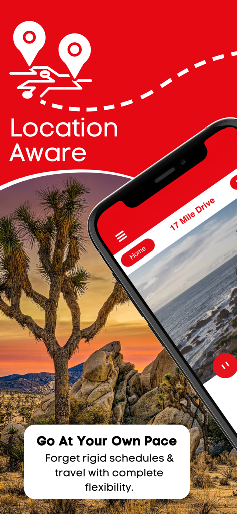 California GPS Audio Tours - California GPS Audio Tours app showing location aware features and flexible travel at your own pace