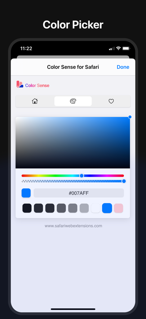 Interface of Color Sense for Safari on iPhone showing a color picker tool with hex code and adjustable sliders