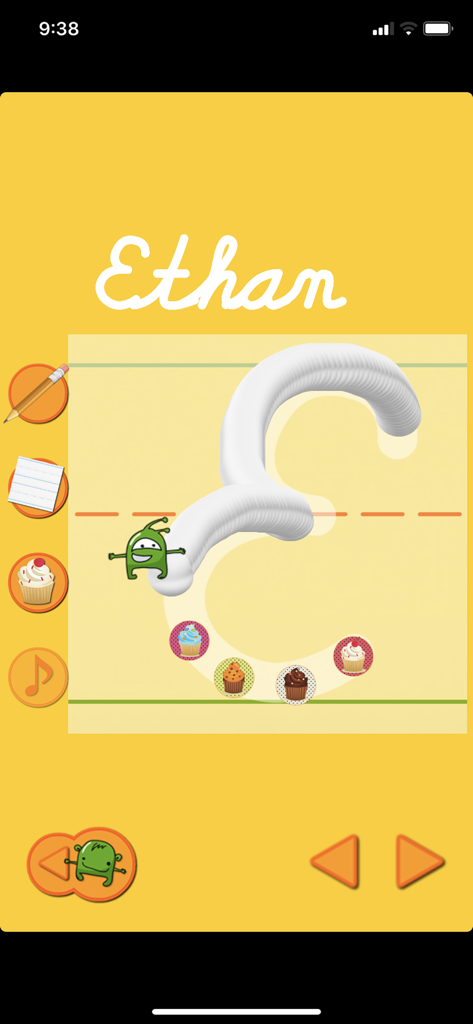 Cursive Touch and Write - Screenshot of Cursive Touch and Write app showing a child tracing the cursive letter E with a shaving cream texture on a yellow background