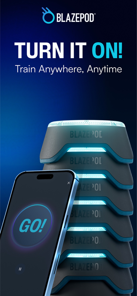 Smartphone screen with BlazePod app next to a stack of glowing blue reflex training pods