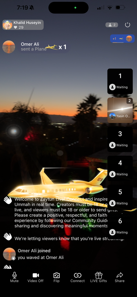 Zaytun AI - Zaytun AI live streaming interface showing a golden plane digital gift and community connection slots during sunset.