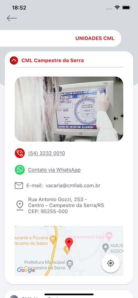 Grupo CMLab - Contact information and location map for a Grupo CMLab clinical laboratory unit