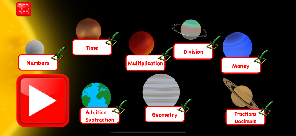Third Grade Math Games Kids - Main menu of the third grade math app showing various educational topics represented by planets