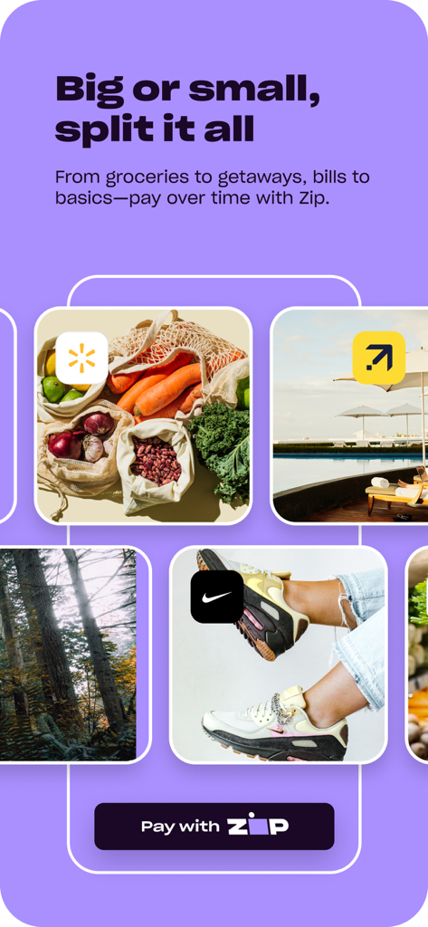 Zip - Buy Now, Pay Later - Pantalla promocional de la aplicación Zip que muestra cómo los usuarios pueden dividir pagos para comestibles, viajes y compras de moda.
