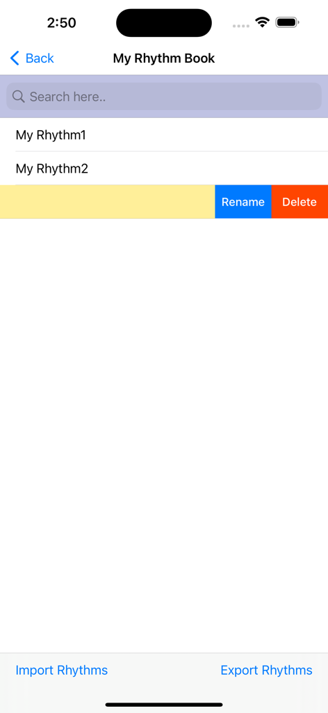 Handpan Rhythms - L'écran Mon Carnet de Rythmes montrant une liste de rythmes de handpan enregistrés avec des options de gestion
