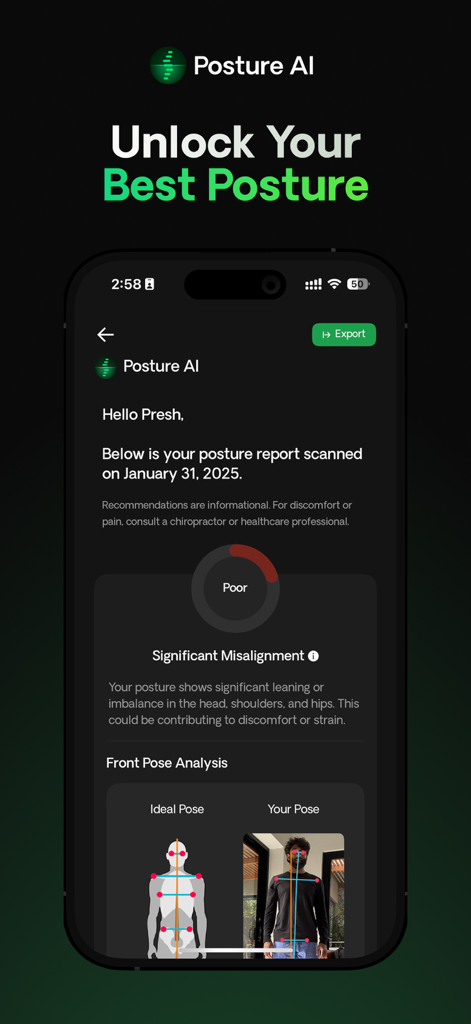 Posture AI: Correct My Posture - 姿勢AIアプリのインターフェース。パーソナライズされた姿勢レポート、AIアライメント分析、悪い姿勢のスコアが表示されています。