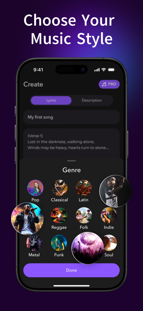 Interface de l'application AI RAP pour choisir des genres musicaux comme la Pop, la Classique et la Latine.