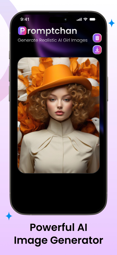 Promptchan ai - Promptchan AI app interface showing a generated realistic image of a woman with an orange hat.