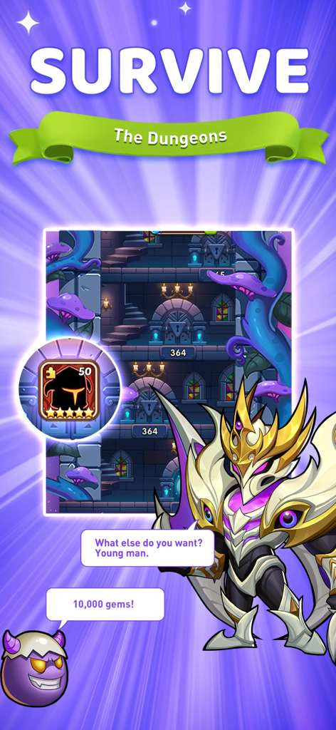 A game screenshot showing the dungeon levels in Idle Heroes with character dialogue and reward icons