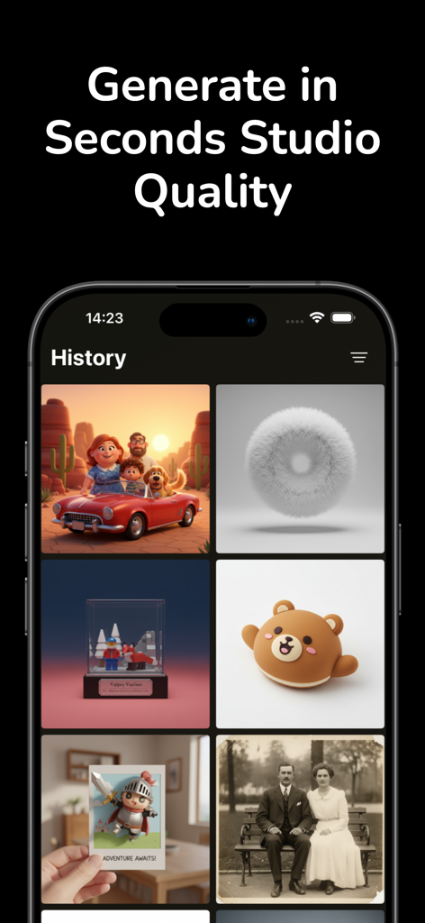 Omni Art - AI Photo Editor - Pantalla de historial de la aplicación Omni Art mostrando una galería de imágenes generadas por IA de alta calidad en varios estilos