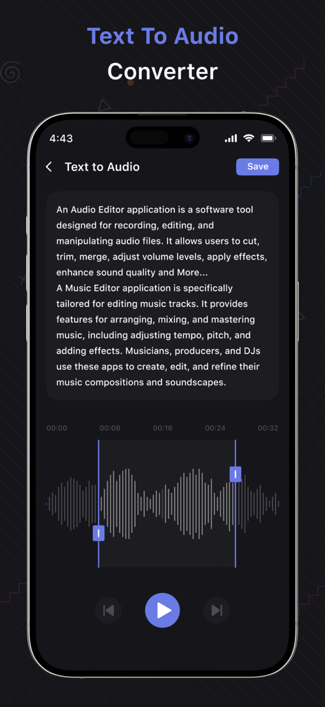 Audio Editor & Music Editor - A mobile app screen showing the Text To Audio Converter feature with a text input field and an audio waveform