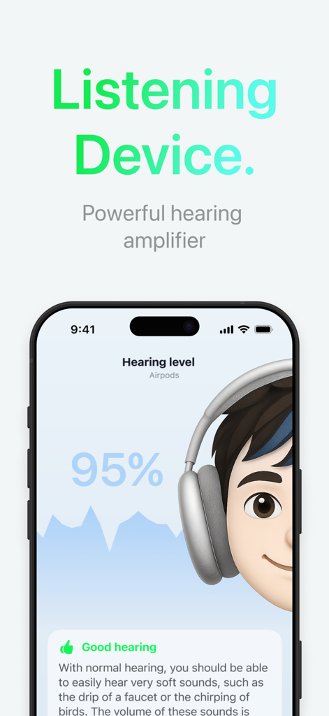 Volume Boost – Sound Amplifier - A mobile app screen showing a ninety five percent hearing level score with AirPods headphones