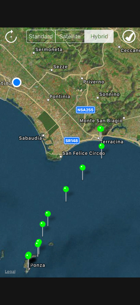 pathRecorder - come back - Hybrid map showing a recorded path with green waypoints for offshore navigation