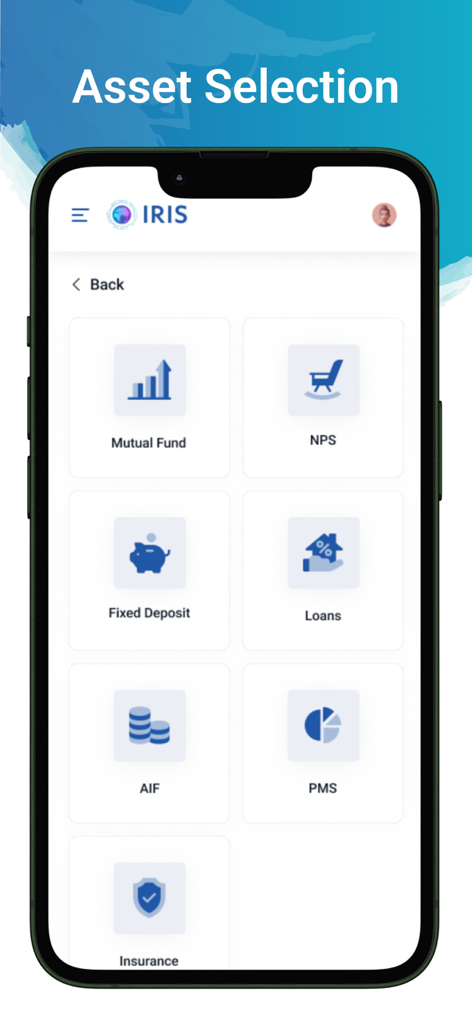 IRIS by Kfintech - Pantalla de selección de activos en la aplicación móvil IRIS by Kfintech que muestra opciones como Fondos Mutuos, NPS y Depósitos a Plazo Fijo.