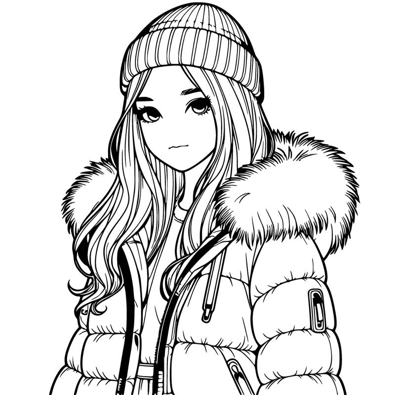 a realistic girl with puffy jacket and beanie