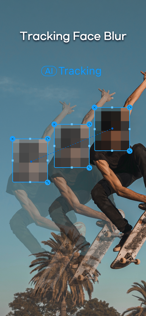 Um skatista em movimento com o recurso de rastreamento de IA do VLLO desfocando automaticamente seu rosto em vários quadros