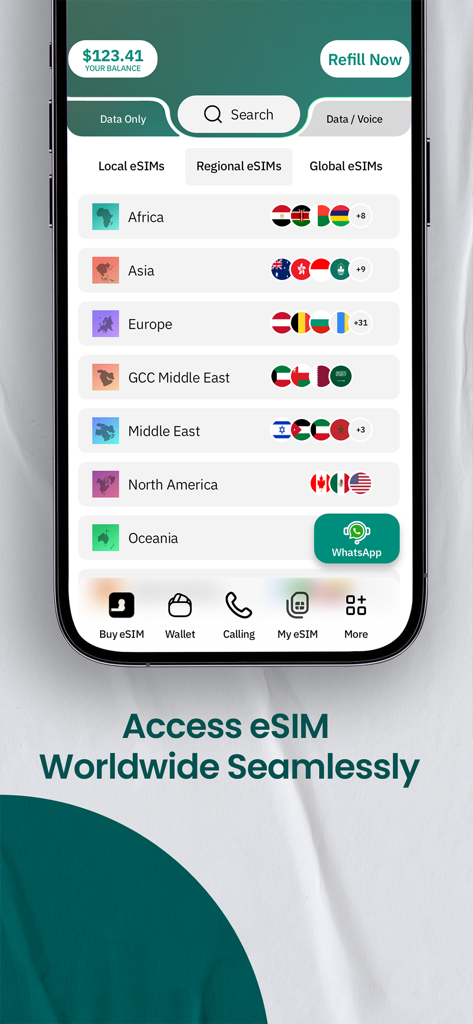 Bildschirm der eSIM-Card-App, der regionale Datentarife für Afrika, Asien und Europa zeigt.
